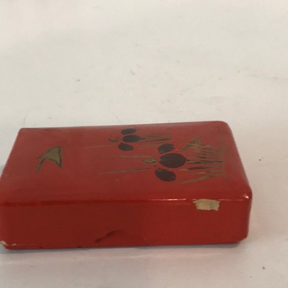 Japanese Lacquer BOX w/Paper Mache Floral Hand Painted Box Orange W/ Gold Bird - Picture 6 of 12